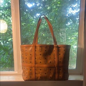 MCM Brown Monogram Tote Bag with Leather Handles